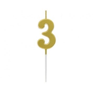 Number Gold Metallic, Gold number candle, cake candle No. 3