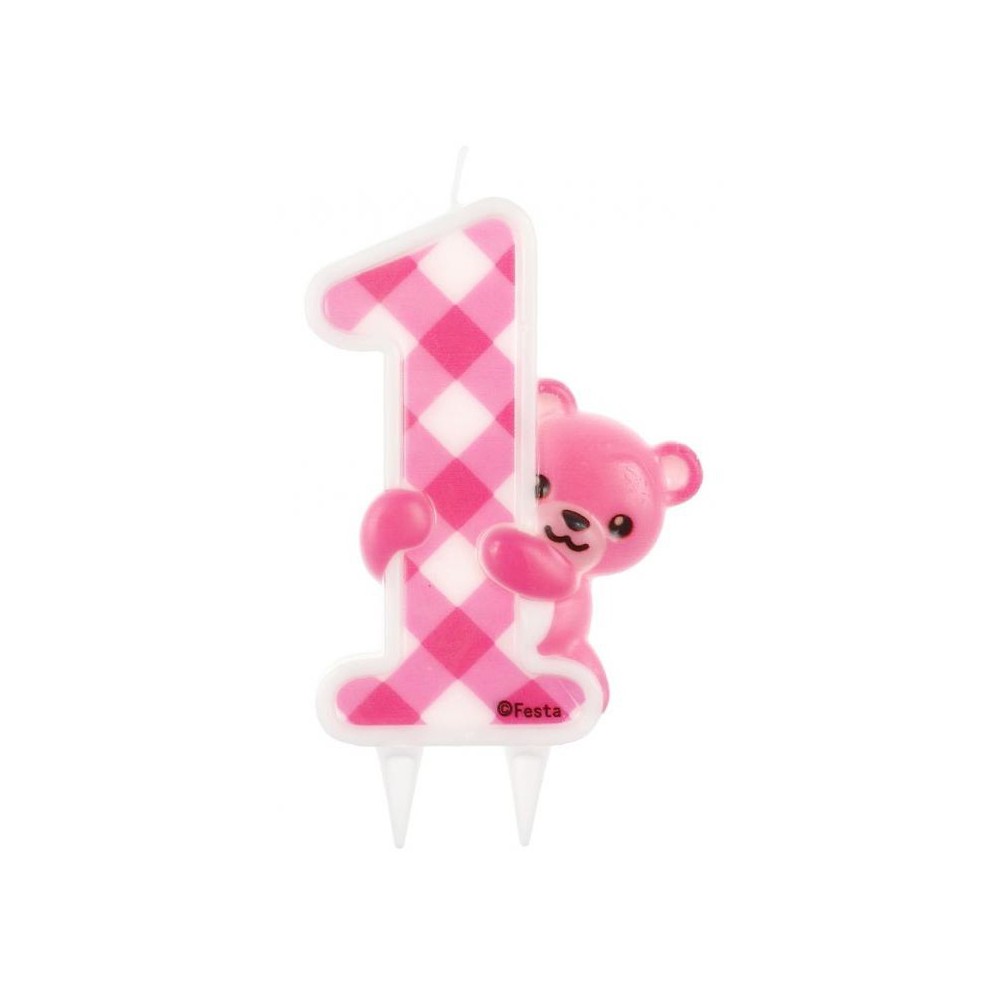 Number Pink Teddy First Birthday Glitter Candle