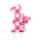 Number Pink Teddy First Birthday Glitter Candle