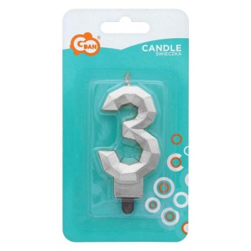 Number Diamond Metallic Silver number 3 candle, cake candle