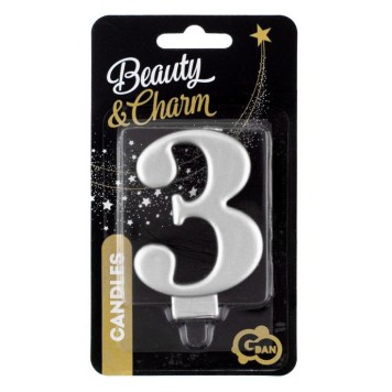 Number Metallic Silver number 3 candle, cake candle