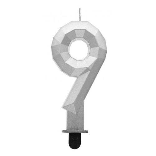 Number Diamond Metallic Silver number 9 birthday candle, cake candle