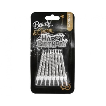 Happy Birthday B&C Silver Silver Happy Birthday Candle Set 16 pcs
