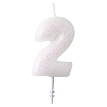 Colour White, White glitter candle number 2, 6.5 cm
