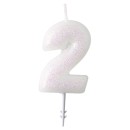 Colour White, White glitter candle number 2, 6.5 cm