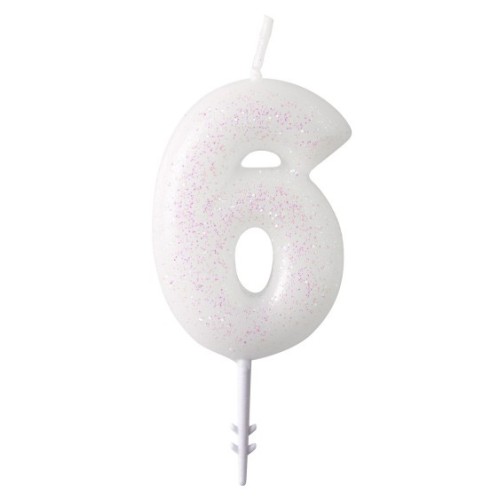 Colour White, white glitter candle number 6, 6.5 cm