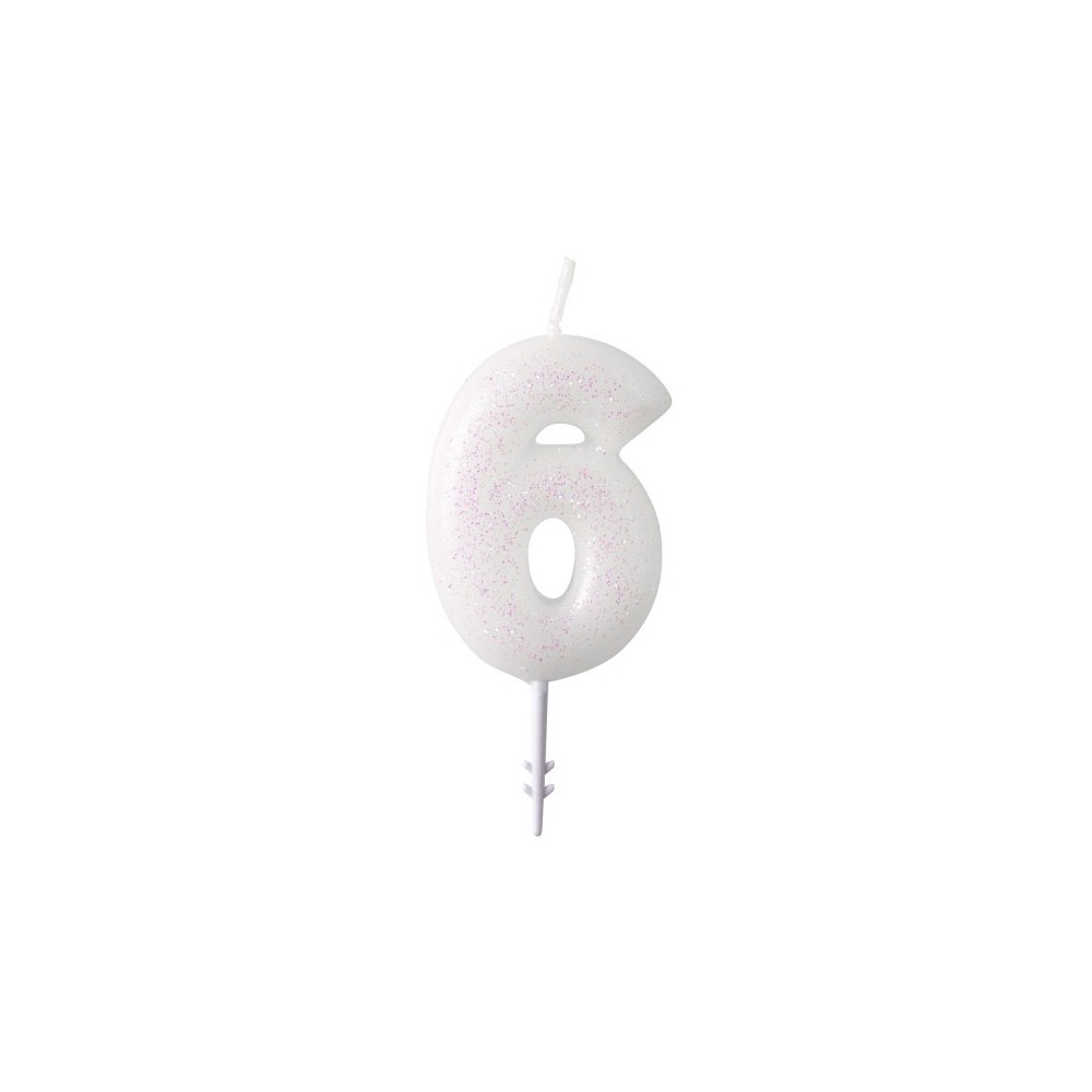 Colour White, white glitter candle number 6, 6.5 cm