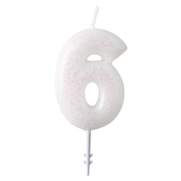 Colour White, white glitter candle number 6, 6.5 cm