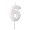Colour White, white glitter candle number 6, 6.5 cm