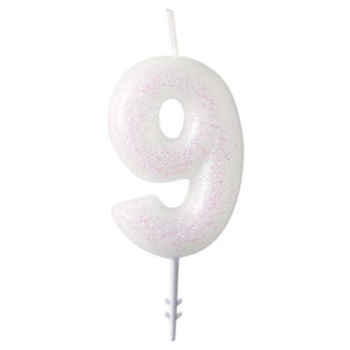 Colour White, White Glitter Candle 9, 6.5 cm