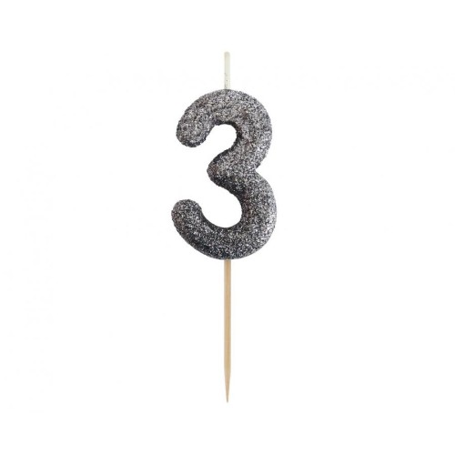 Number Glitter Black, Black number candle, birthday candle number 3