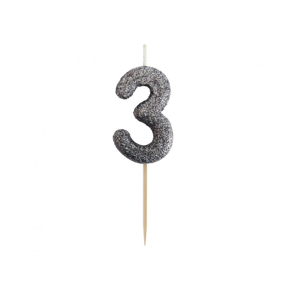 Number Glitter Black, Black number candle, birthday candle number 3