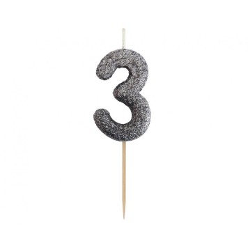 Number Glitter Black, Black number candle, birthday candle number 3