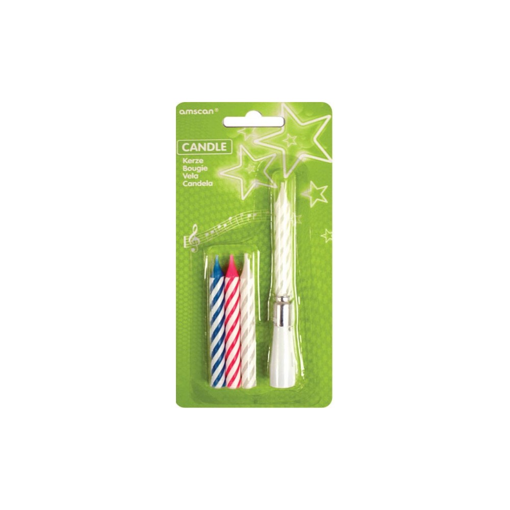 Colour birthday candle set with musical holder, 4 pcs