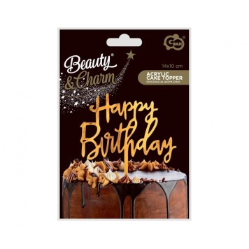 Happy Birthday Happy Birthday Gold, Gold cake decoration 14 cm