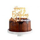 Happy Birthday Happy Birthday Gold, Gold cake decoration 14 cm