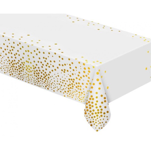 Happy Birthday White Gold Dots, White Foil Tablecloth 137x183 cm