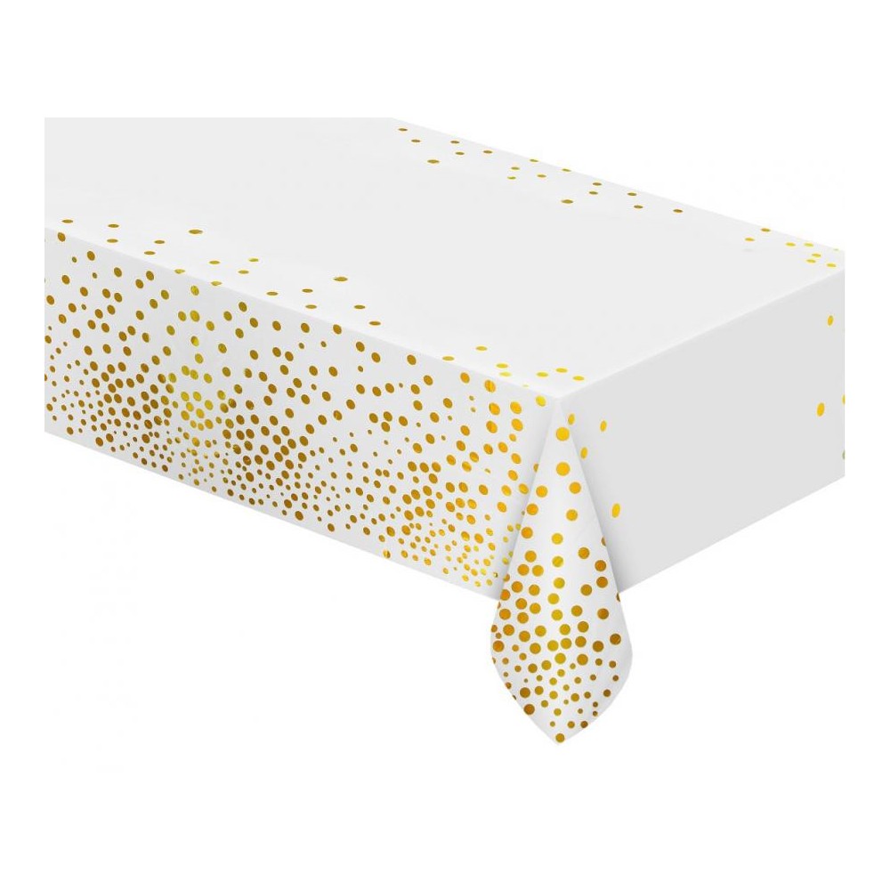 Happy Birthday White Gold Dots, White Foil Tablecloth 137x183 cm