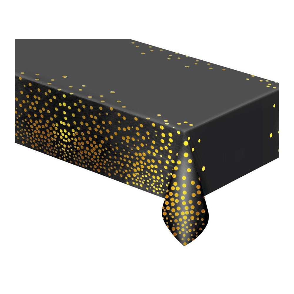 Happy Birthday Black Gold Dots, Black Foil Tablecloth 137x183 cm