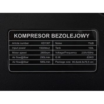 Kompresor bezolejowy 100L / 2 x 1500W KD1387