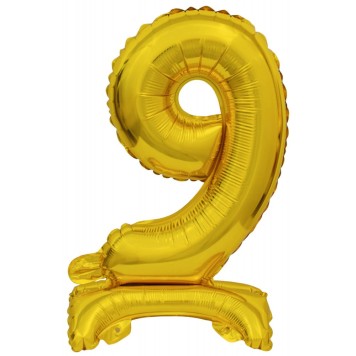 Number Gold, Gold mini number 9 foil balloon with base 38 cm
