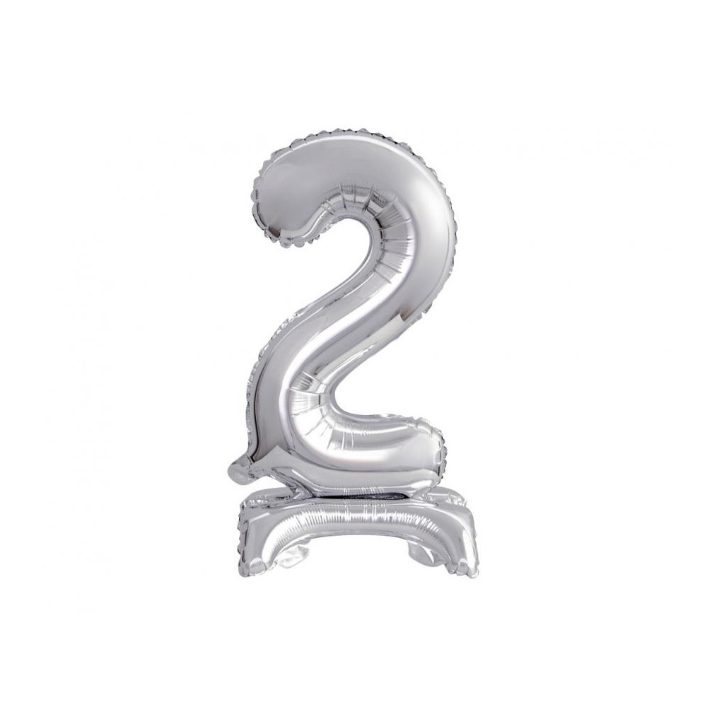 Number B&C Silver Silver Mini Number 2 Foil Balloon with Stand 38 cm