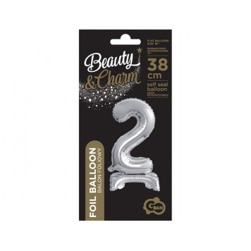 Number B&C Silver Silver Mini Number 2 Foil Balloon with Stand 38 cm