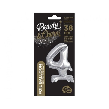 Number B&C Silver Silver Mini Foil Balloon with Base - Number 4, 38 cm
