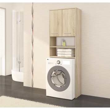 Meuble machine a laver 2 portes façade Bois Chêne Sonoma 4 étagères 64x30x180 cm