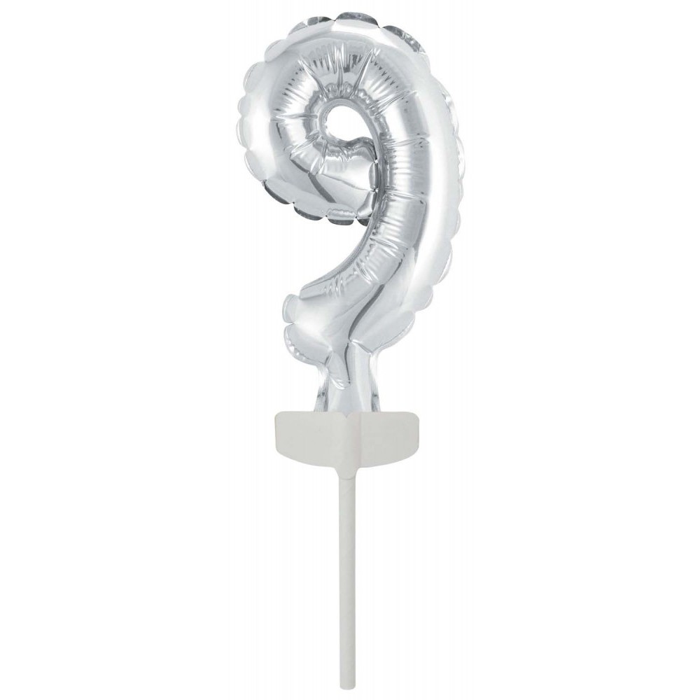 Number Silver, Silver number 9 foil balloon for cake 13 cm