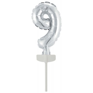 Number Silver, Silver number 9 foil balloon for cake 13 cm