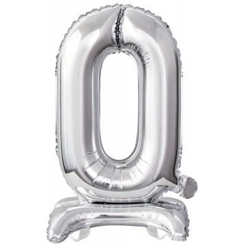 Number Silver, Silver mini foil balloon with base of number 0, 38 cm