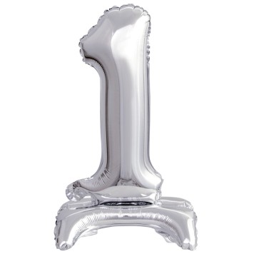 Number Silver, Silver mini number 1 foil balloon with base 38 cm