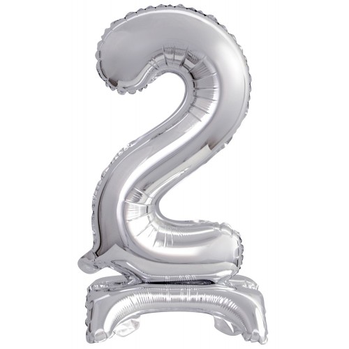 Number Silver, Silver mini number 2 foil balloon with base 38 cm