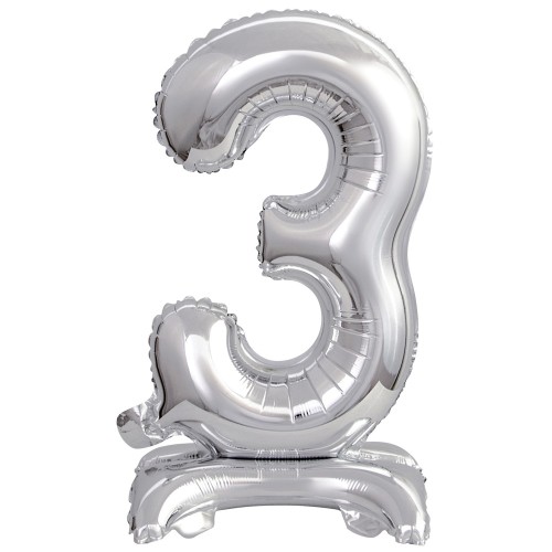 Number Silver, Silver mini number 3 foil balloon with base 38 cm