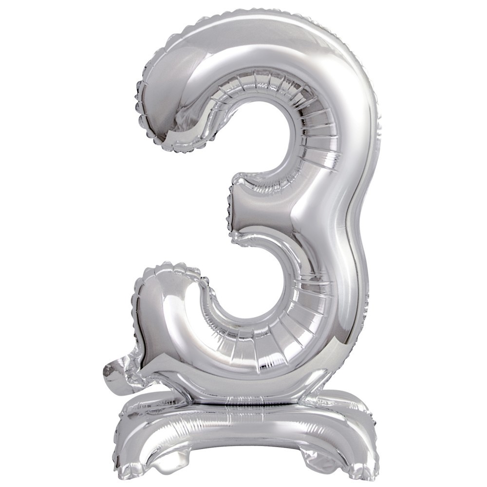 Number Silver, Silver mini number 3 foil balloon with base 38 cm