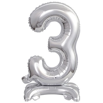 Number Silver, Silver mini number 3 foil balloon with base 38 cm