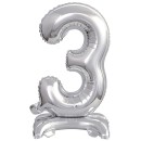 Number Silver, Silver mini number 3 foil balloon with base 38 cm