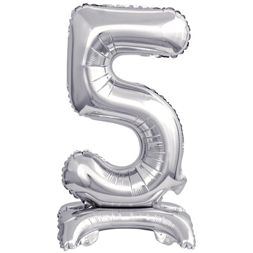 Number Silver, Silver mini number 5 foil balloon with base 38 cm