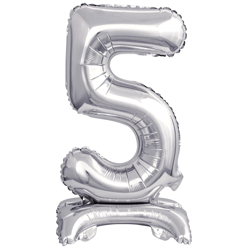 Number Silver, Silver mini number 5 foil balloon with base 38 cm