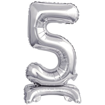 Number Silver, Silver mini number 5 foil balloon with base 38 cm