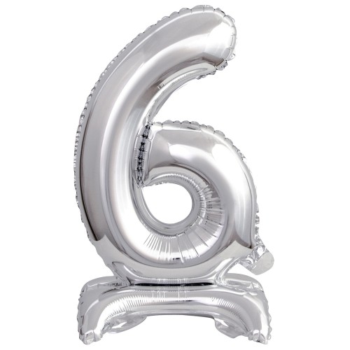 Number Silver, Silver mini number 6 foil balloon with base 38 cm