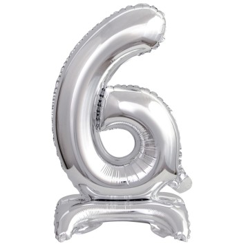 Number Silver, Silver mini number 6 foil balloon with base 38 cm
