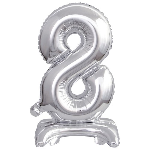 Number Silver, Silver mini number 8 foil balloon with base 38 cm
