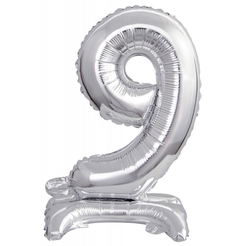 Number Silver, Silver mini number 9 foil balloon with base 38 cm
