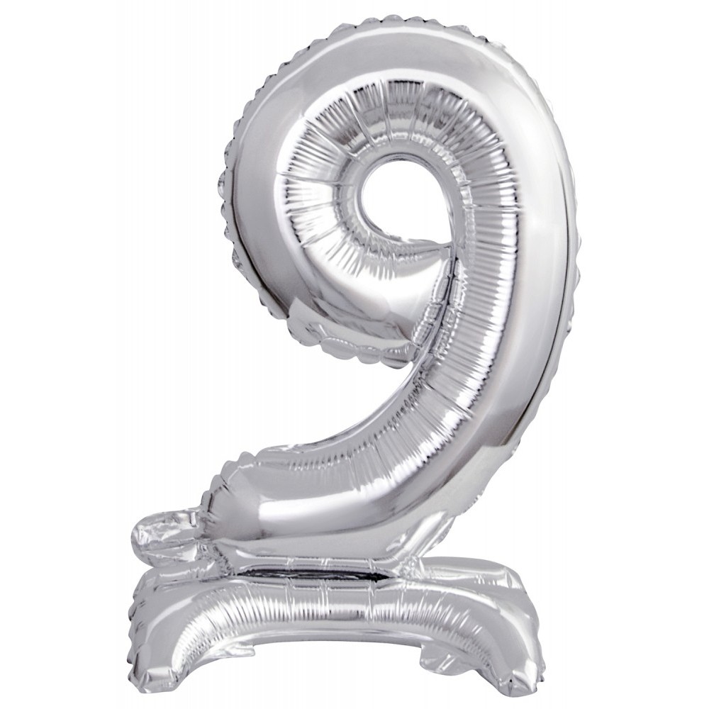 Number Silver, Silver mini number 9 foil balloon with base 38 cm