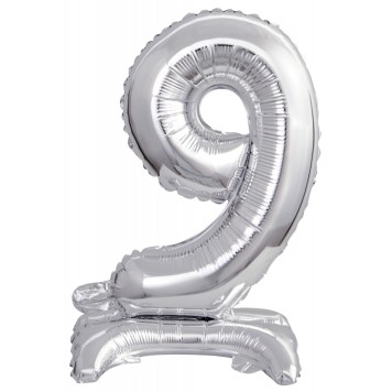 Number Silver, Silver mini number 9 foil balloon with base 38 cm