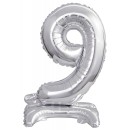 Number Silver, Silver mini number 9 foil balloon with base 38 cm