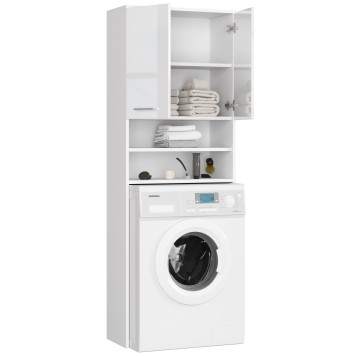Meuble machine a laver 2 portes façade Blanc brillant 4 étagères 64x30x180 cm