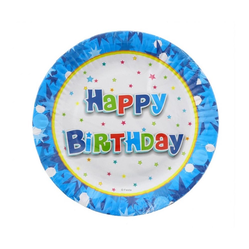 Happy Birthday Blue Happy Birthday paper plate set of 6, 18 cm